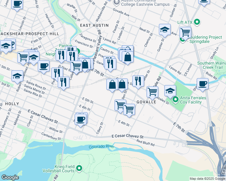 map of restaurants, bars, coffee shops, grocery stores, and more near 3100 Holton Street in Austin