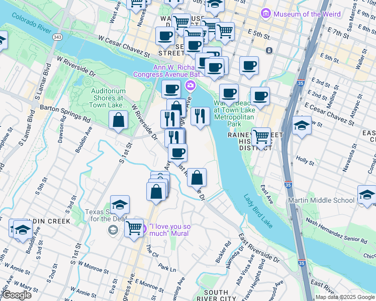 map of restaurants, bars, coffee shops, grocery stores, and more near 315 South Congress Avenue in Austin