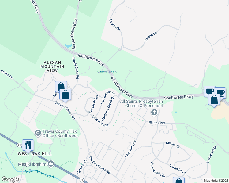 map of restaurants, bars, coffee shops, grocery stores, and more near 5412 Fort Benton Drive in Austin