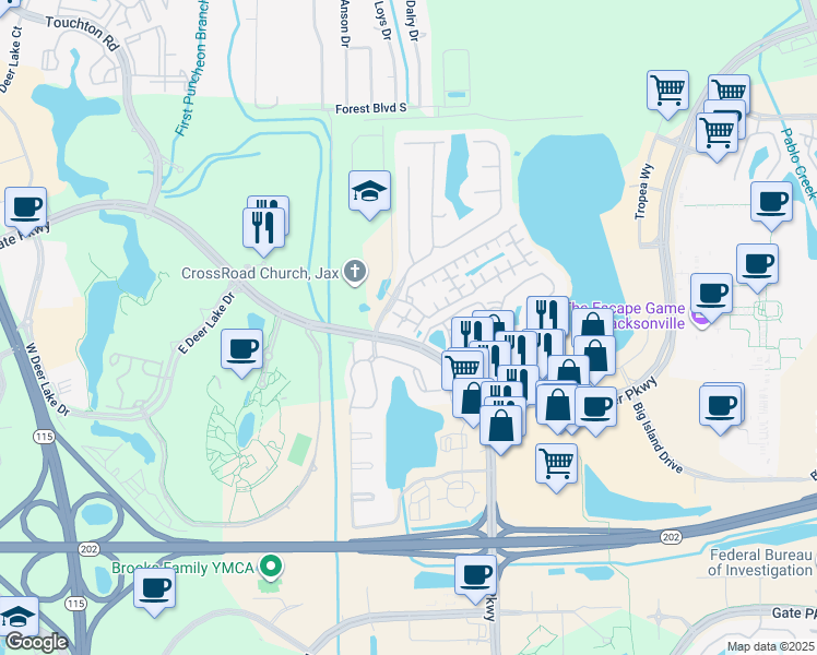 map of restaurants, bars, coffee shops, grocery stores, and more near Shiloh Mill Boulevard in Jacksonville
