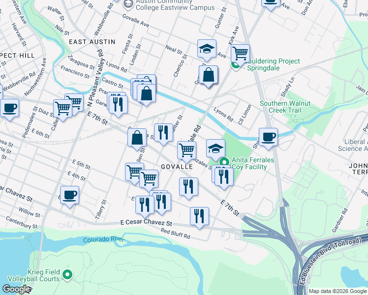 map of restaurants, bars, coffee shops, grocery stores, and more near 750 Springdale Road in Austin