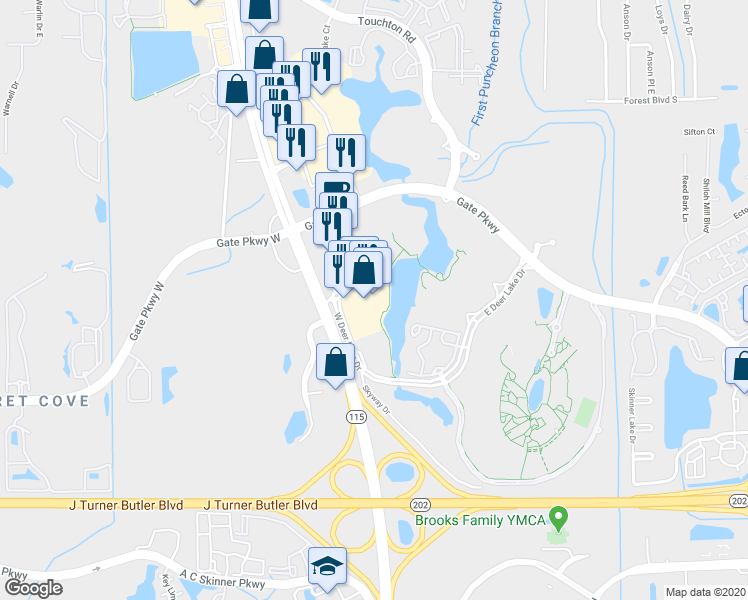map of restaurants, bars, coffee shops, grocery stores, and more near 9823 Tapestry Park Circle in Jacksonville