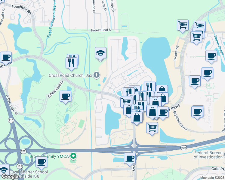 map of restaurants, bars, coffee shops, grocery stores, and more near 10075 Gate Parkway North in Jacksonville