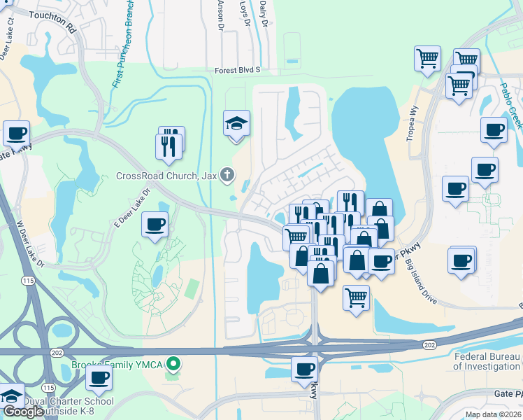 map of restaurants, bars, coffee shops, grocery stores, and more near Shiloh Mill Boulevard in Jacksonville