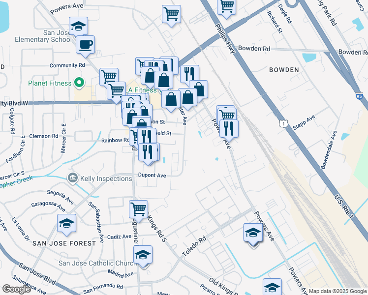 map of restaurants, bars, coffee shops, grocery stores, and more near 3686 Smithfield Street in Jacksonville