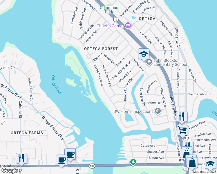 map of restaurants, bars, coffee shops, grocery stores, and more near 4868 King Richard Road in Jacksonville
