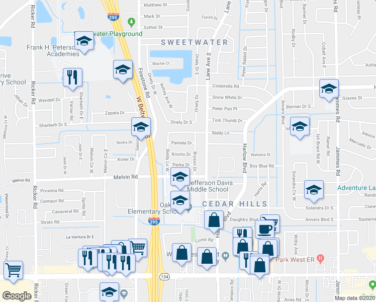 map of restaurants, bars, coffee shops, grocery stores, and more near 7040 Pamela Drive in Jacksonville