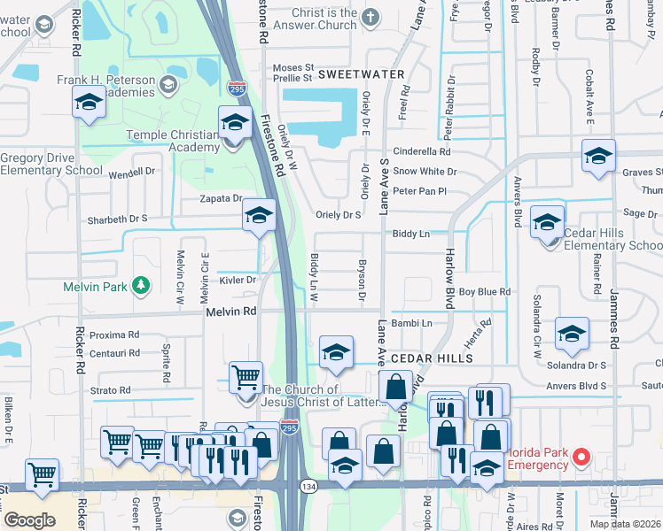 map of restaurants, bars, coffee shops, grocery stores, and more near 7040 Pamela Drive in Jacksonville