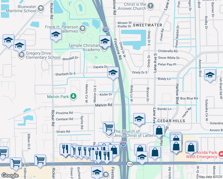 map of restaurants, bars, coffee shops, grocery stores, and more near 7210 Norka Drive in Jacksonville