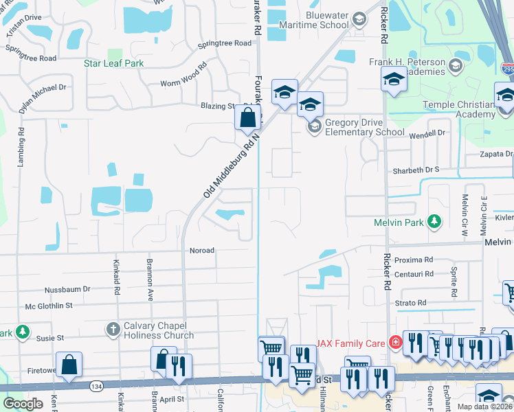 map of restaurants, bars, coffee shops, grocery stores, and more near 4417 Loveland Pass Drive South in Jacksonville