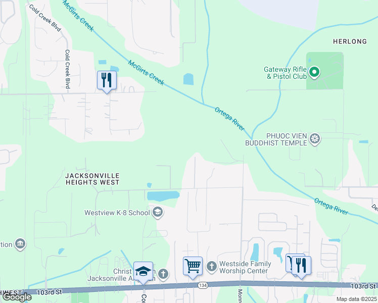 map of restaurants, bars, coffee shops, grocery stores, and more near 9747 Noroad in Jacksonville