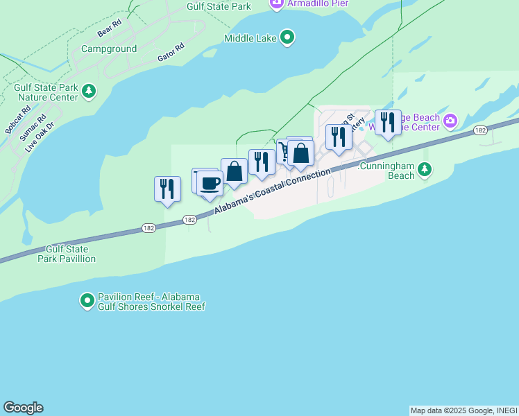 map of restaurants, bars, coffee shops, grocery stores, and more near 23044 Alabama 182 in Orange Beach