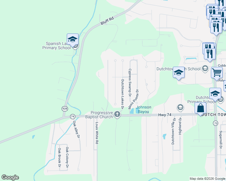 map of restaurants, bars, coffee shops, grocery stores, and more near 13123 Oak Knoll Drive in Geismar