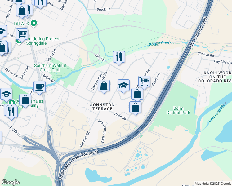 map of restaurants, bars, coffee shops, grocery stores, and more near 1038 Gardner Road in Austin