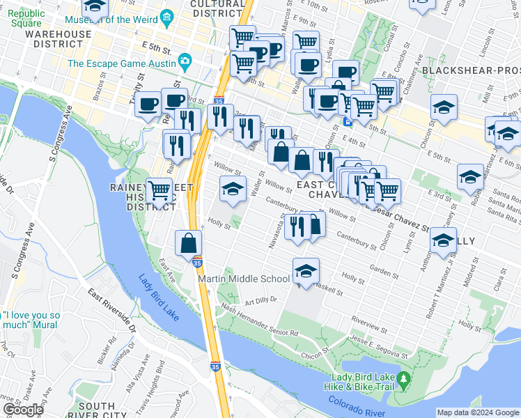 map of restaurants, bars, coffee shops, grocery stores, and more near 1208 Canterbury Street in Austin