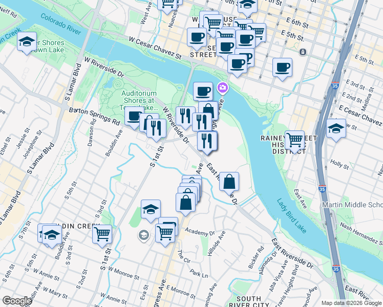 map of restaurants, bars, coffee shops, grocery stores, and more near in Austin
