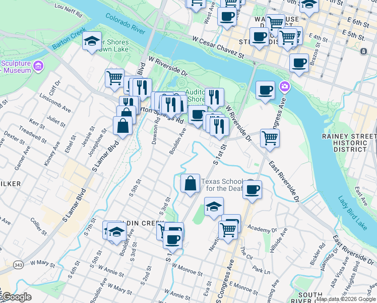 map of restaurants, bars, coffee shops, grocery stores, and more near 600 South 3rd Street in Austin