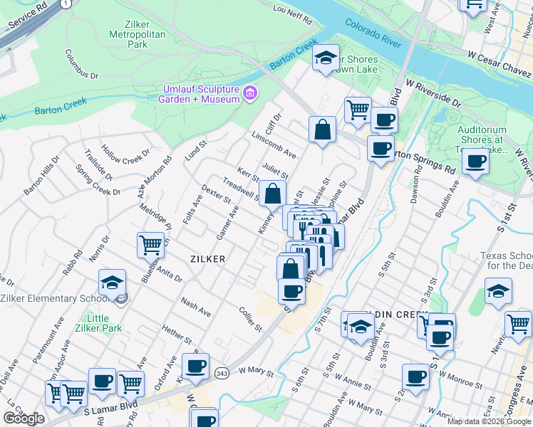 map of restaurants, bars, coffee shops, grocery stores, and more near 1609 Treadwell Street in Austin