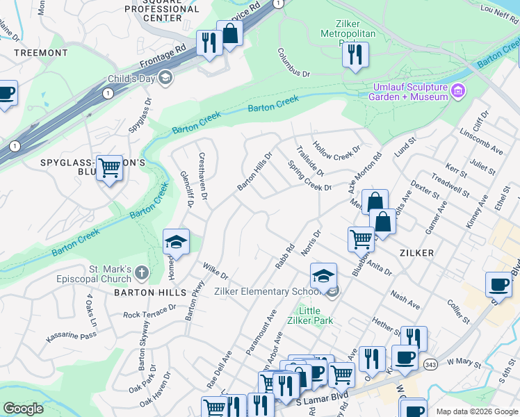map of restaurants, bars, coffee shops, grocery stores, and more near 2506 Ridgeview Drive in Austin