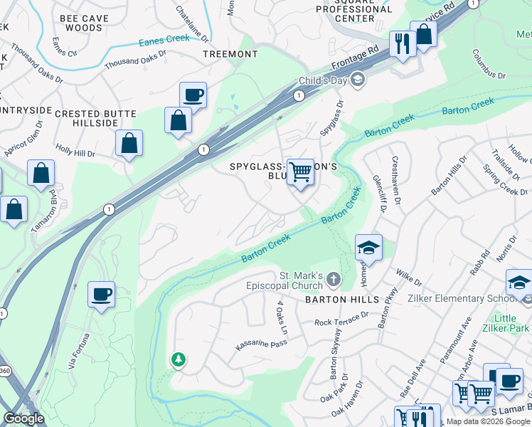map of restaurants, bars, coffee shops, grocery stores, and more near 1731 Spyglass Drive in Austin