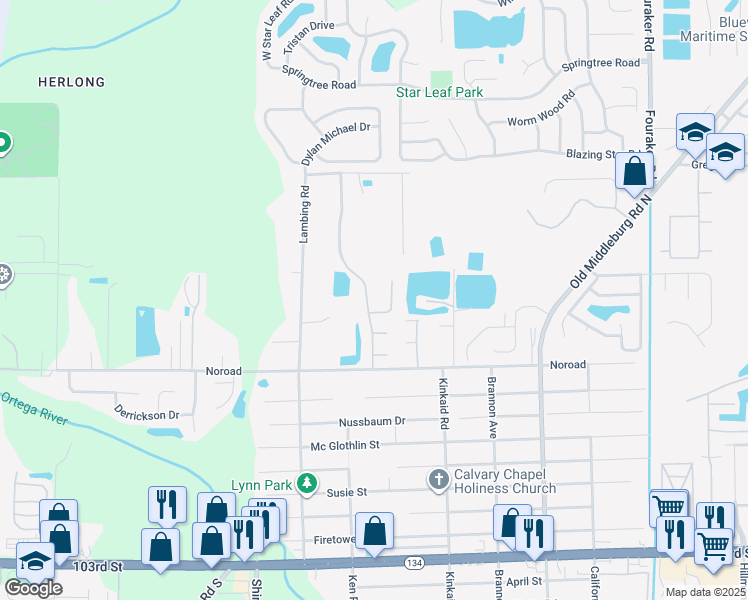 map of restaurants, bars, coffee shops, grocery stores, and more near 4616 Glendas Meadow Drive in Jacksonville