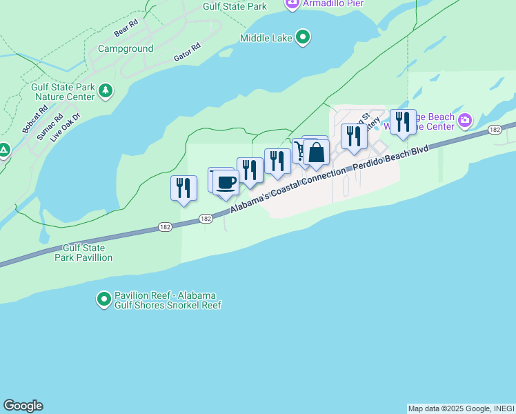 map of restaurants, bars, coffee shops, grocery stores, and more near 22988 Perdido Beach Boulevard in Orange Beach