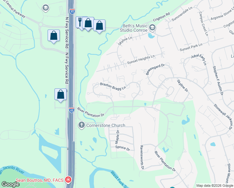 map of restaurants, bars, coffee shops, grocery stores, and more near 537 Natchez Park in Conroe