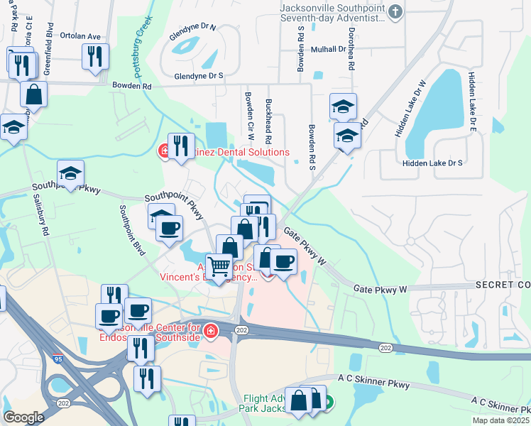 map of restaurants, bars, coffee shops, grocery stores, and more near 6895 Belfort Oaks Place in Jacksonville