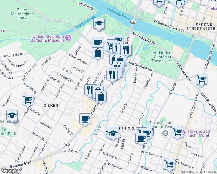 map of restaurants, bars, coffee shops, grocery stores, and more near 809 S Lamar Blvd in Austin