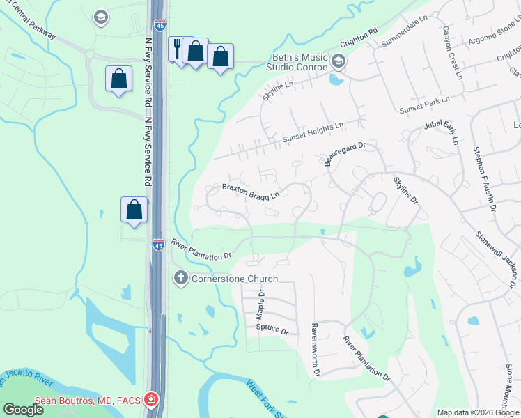 map of restaurants, bars, coffee shops, grocery stores, and more near 537 Natchez Park in Conroe