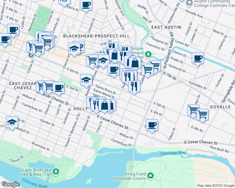map of restaurants, bars, coffee shops, grocery stores, and more near Santa Rosa Street in Austin
