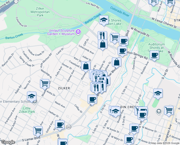 map of restaurants, bars, coffee shops, grocery stores, and more near 1516 Treadwell Street in Austin