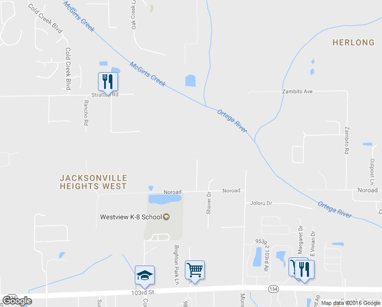 map of restaurants, bars, coffee shops, grocery stores, and more near 9817 Noroad in Jacksonville