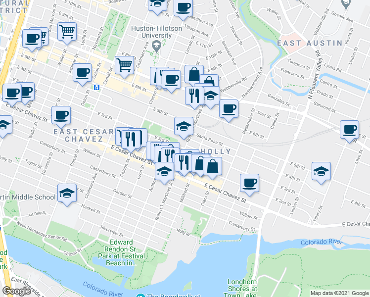 map of restaurants, bars, coffee shops, grocery stores, and more near E 3rd St & Robert Martinez Jr St in Austin