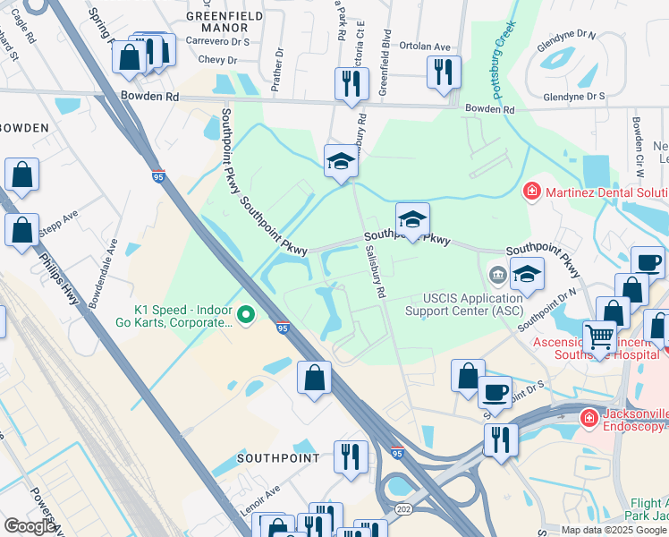 map of restaurants, bars, coffee shops, grocery stores, and more near 6675 Corporate Center Parkway in Jacksonville
