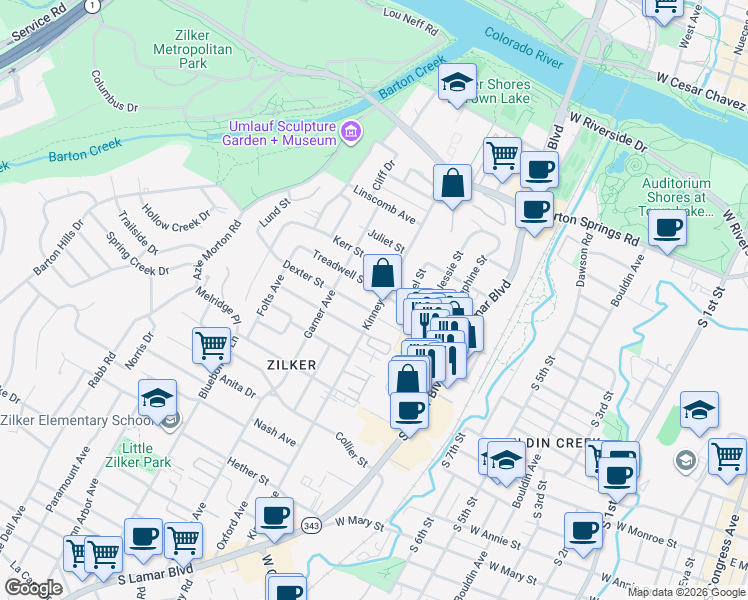 map of restaurants, bars, coffee shops, grocery stores, and more near 1609 Treadwell Street in Austin
