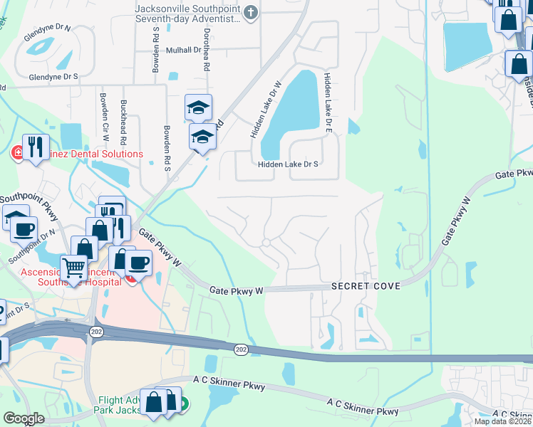 map of restaurants, bars, coffee shops, grocery stores, and more near 3824 Silverpoint Lane in Jacksonville