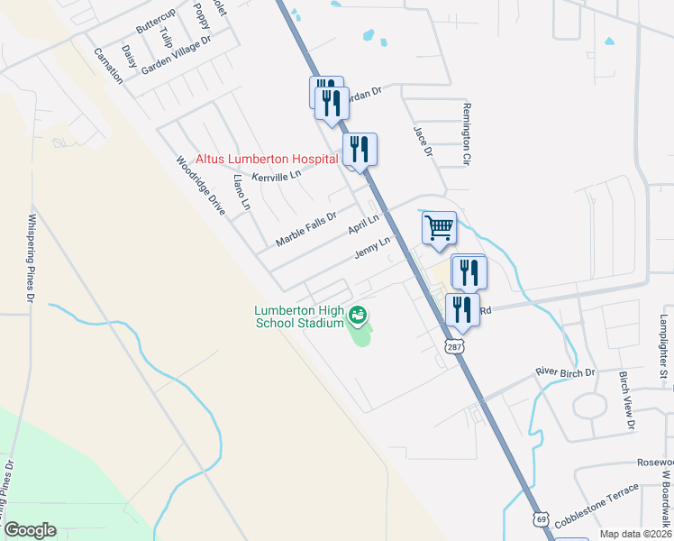 map of restaurants, bars, coffee shops, grocery stores, and more near 6305 Jenny Lane in Lumberton