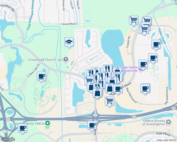 map of restaurants, bars, coffee shops, grocery stores, and more near 10135 Gate Parkway North in Jacksonville