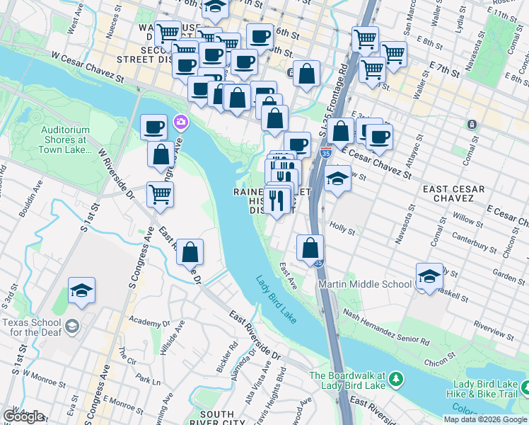 map of restaurants, bars, coffee shops, grocery stores, and more near 600 River Street in Austin