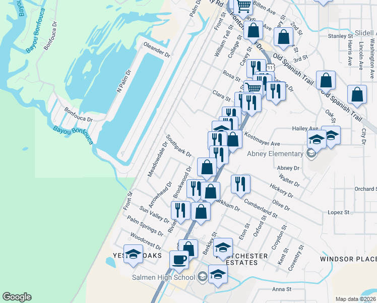 map of restaurants, bars, coffee shops, grocery stores, and more near 166 Southpark Drive in Slidell