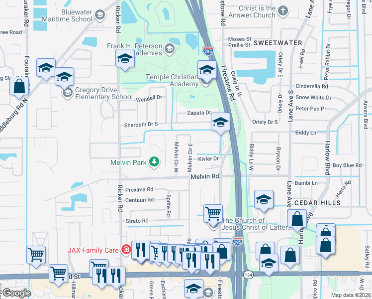 map of restaurants, bars, coffee shops, grocery stores, and more near 4456 Melvin Circle East in Jacksonville