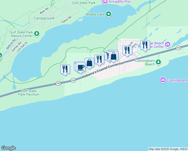 map of restaurants, bars, coffee shops, grocery stores, and more near 22249-22449 Alabama's Coastal Connection in Orange Beach