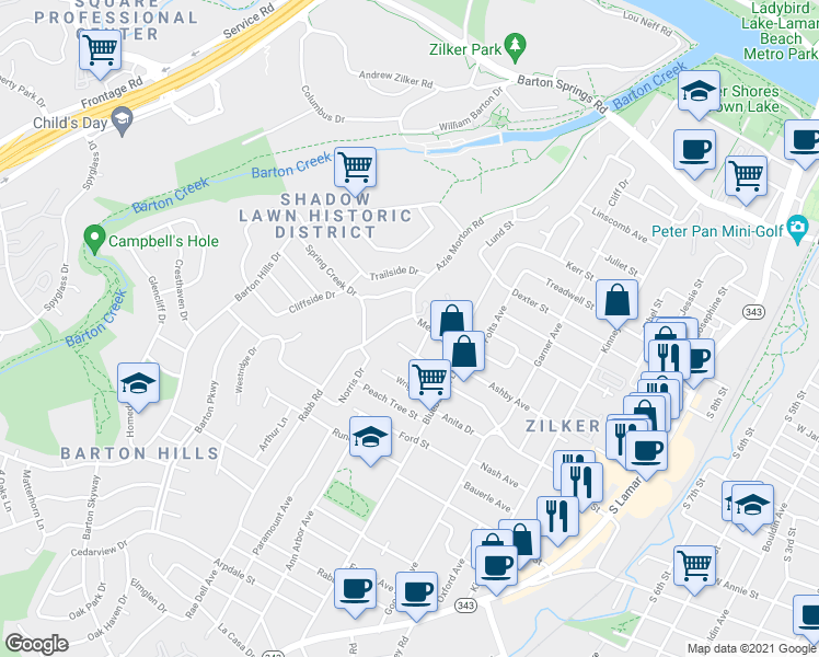 map of restaurants, bars, coffee shops, grocery stores, and more near 2111 Melridge Place in Austin