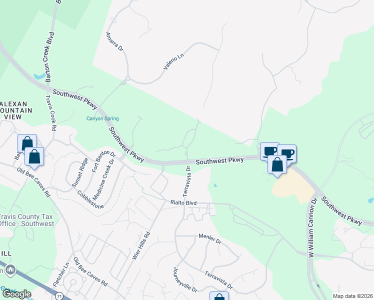 map of restaurants, bars, coffee shops, grocery stores, and more near 7800 Southwest Parkway in Austin