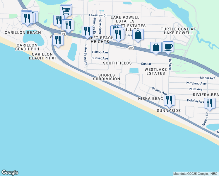 map of restaurants, bars, coffee shops, grocery stores, and more near 22421 Front Beach Road in Panama City Beach
