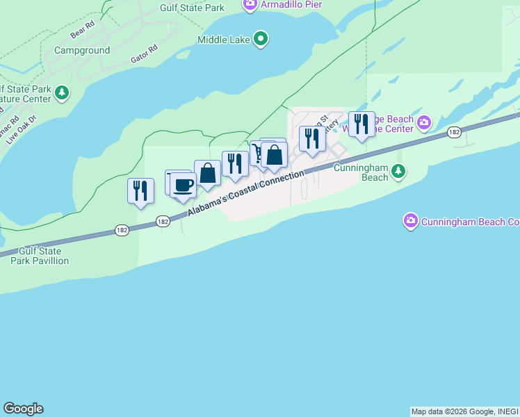 map of restaurants, bars, coffee shops, grocery stores, and more near 23094 Alabama 182 in Orange Beach