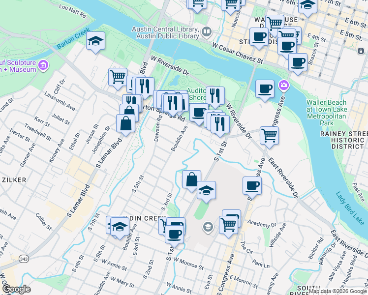 map of restaurants, bars, coffee shops, grocery stores, and more near 800 Post Oak Street in Austin