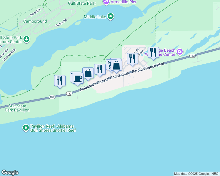 map of restaurants, bars, coffee shops, grocery stores, and more near 23094 Alabama 182 in Orange Beach