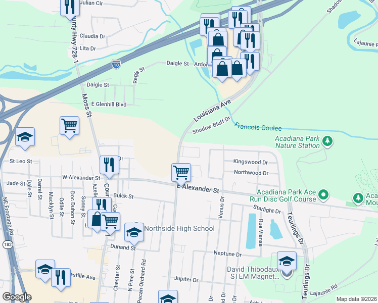 map of restaurants, bars, coffee shops, grocery stores, and more near 2830 Louisiana Ave in Lafayette